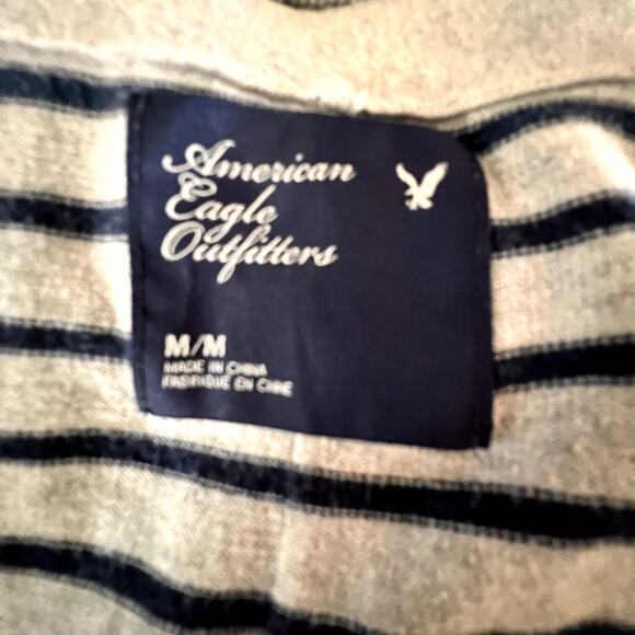American Eagle Gray Stripe Short Sleeve Cardigan Preppy Vintage Y2K M - Picture 8 of 9